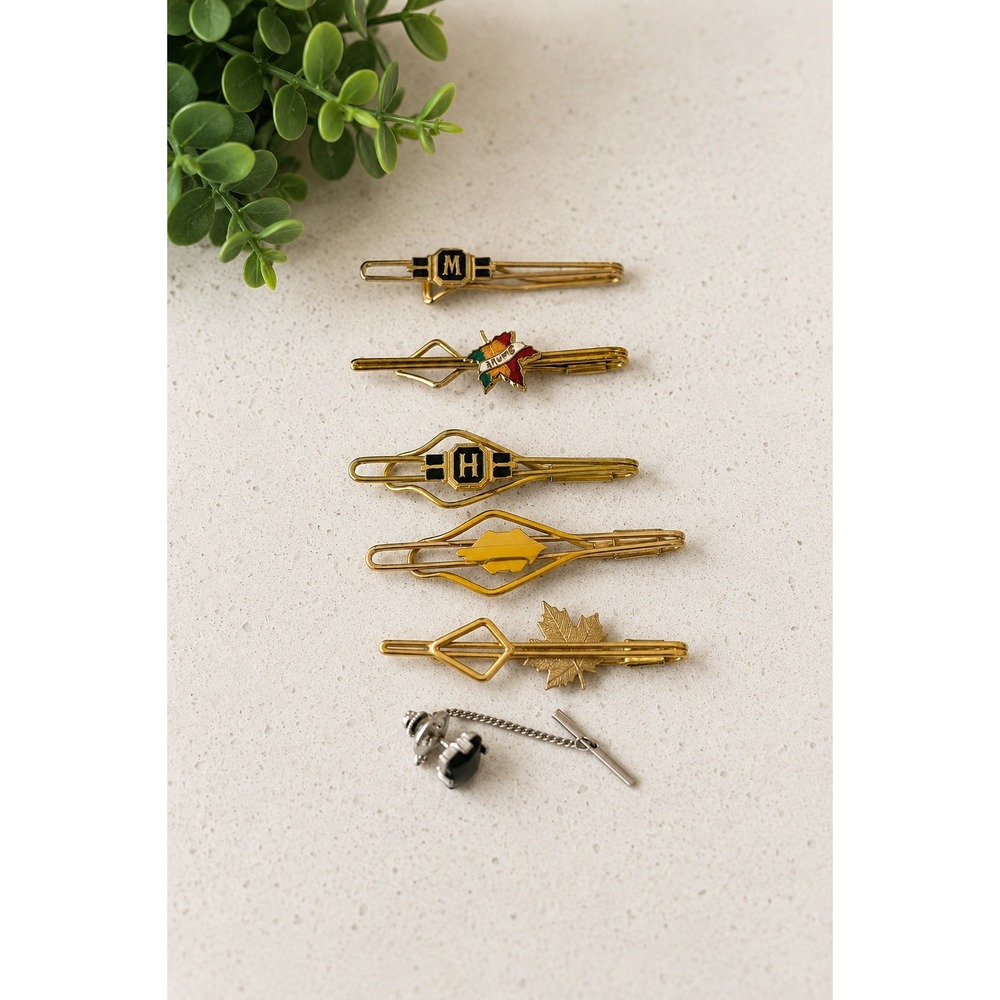 Vintage Men's Tie Clip & Tie Tack Lot Saddle Maple Leaf Gold Tone Mid Century